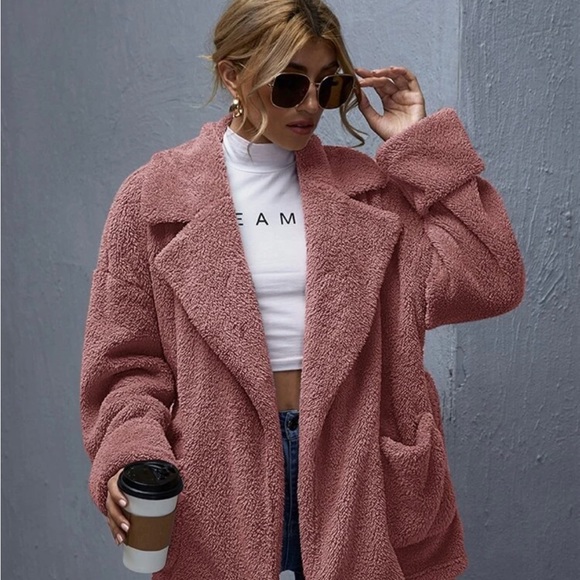 SHEIN Notched Collar Patch Teddy Coat - Picture 3 of 6